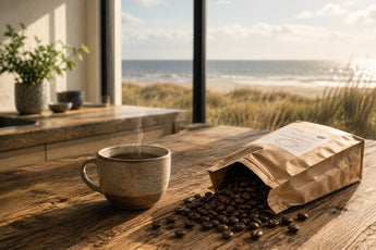 Gegenereerd beeld van een kopje koffie en een pak koffiebonen, op tafel in een huis met uitzicht op de duinen en de zee. AI Gegeneerd beeld.