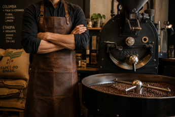 Koffiebrander met vers gebrande bonen, die afkoelen. Ernaast een trotse medewerker met een leren schort, op de achtergrond een paar jute zakken met groene bonen en een bord met beschrijvingen van Colombiaanse en Ethiopische koffiebonen.