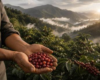 Twee handen met koffiebessen met op de achtergrond de met koffiestruiken bezaaide heuvels van Nicaragua.