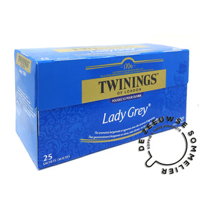 Twinings Lady Grey 25 theezakjes. Blauw doosje met Nederlandse en Franse productinformatie.