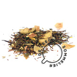 Rooibos, groene rooibos, stukjes gekonfijte papaja, bananenchips, sinaasappelschilletjes, aroma, zonnebloembloesem, bramenblaadjes.