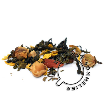Groene thee, gekonfijte stukjes meloen, oolong, gedroogde gojibessen, gekonfijte stukjes guave, theebloesem, aroma, zonnebloembloesem, natuurlijk aroma.