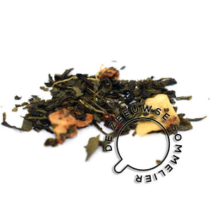 Groene thee, bananenchips, aroma, aardbei, goudsbloembloesem.